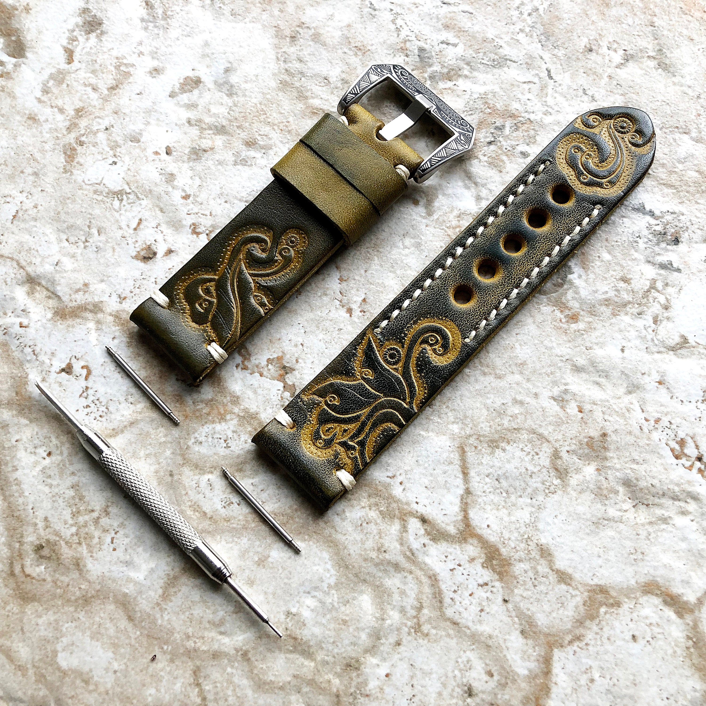 Green and Yellow 18mm 20mm 22mm 24mm Tooled Embossed Handmade Premium Leather Band Strap Bracelet Watch Kit for Watches - Pins Buckle Tool